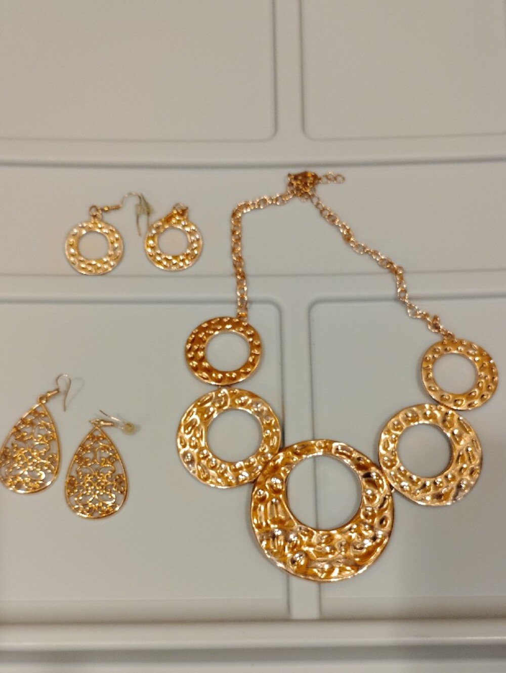 Gold Statement Circle Necklace with Matching Earrings - Women Jewelry